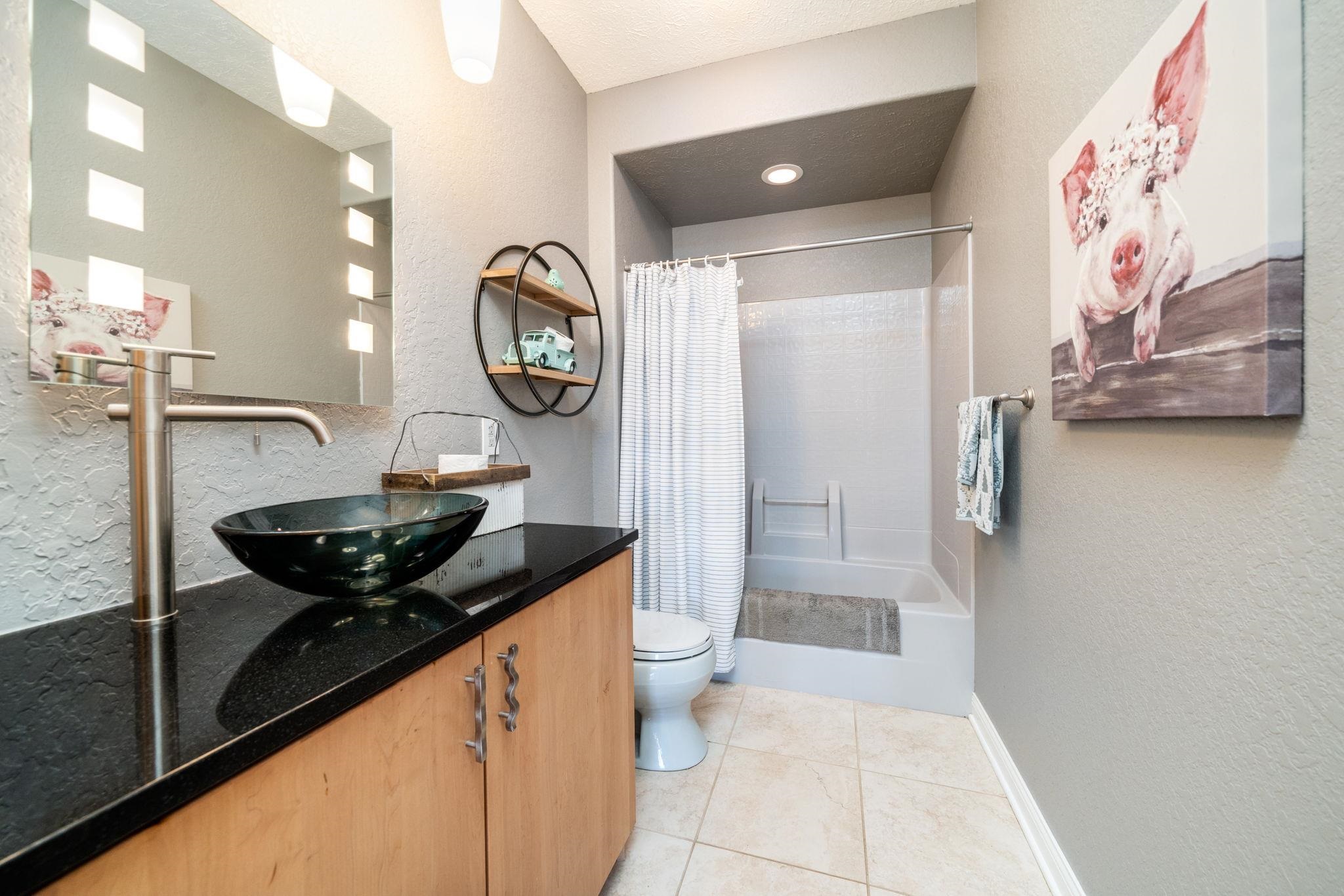 4092 West Pond Road Leaf River, IL 61047 - Photo 70 of 71 a bathroom with a granite countertop sink a toilet a mirror and shower