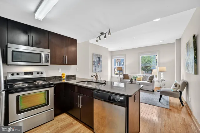 a kitchen with a sink stove and microwave