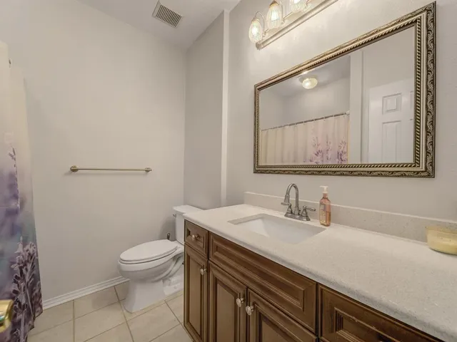 a bathroom with a sink a toilet a mirror and vanity