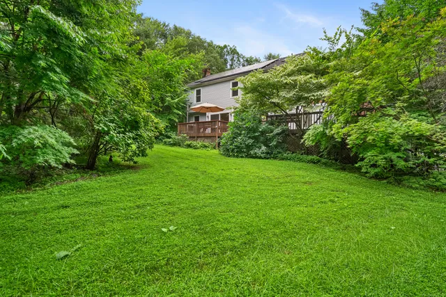 a view of a backyard with potted plants and large trees