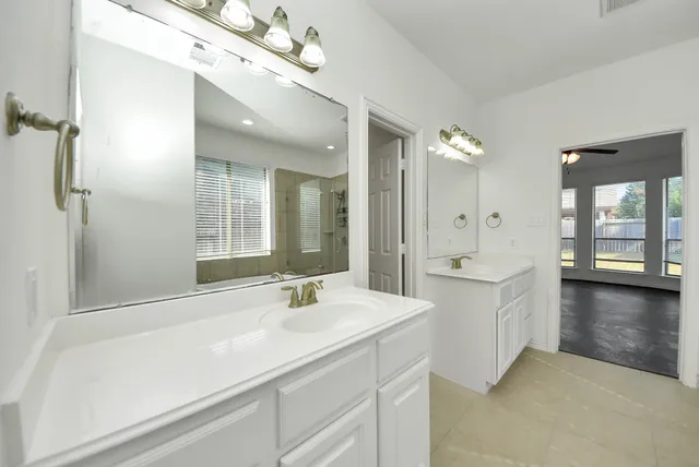 a bathroom with a sink a large mirror and a bathtub