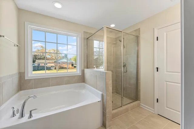 a bathroom with a bathtub and a shower