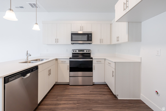 4662 Poplar Way, Unit Q302 Mapleton, UT 84664 - Photo 11 of 17 Kitchen with stainless steel appliances, dark wood-style floors, a peninsula, pendant lighting, and light stone counters