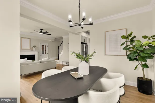 a living room with furniture potted plant and a chandelier