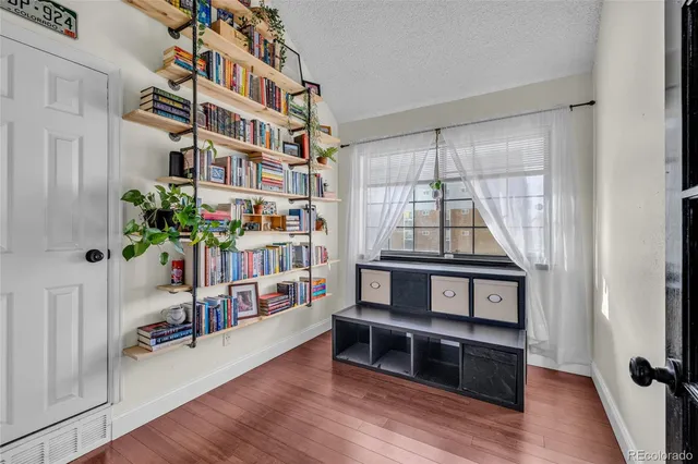 a living room with furniture and a book shelf