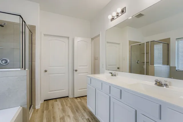 a bathroom with a sink a mirror and a shower