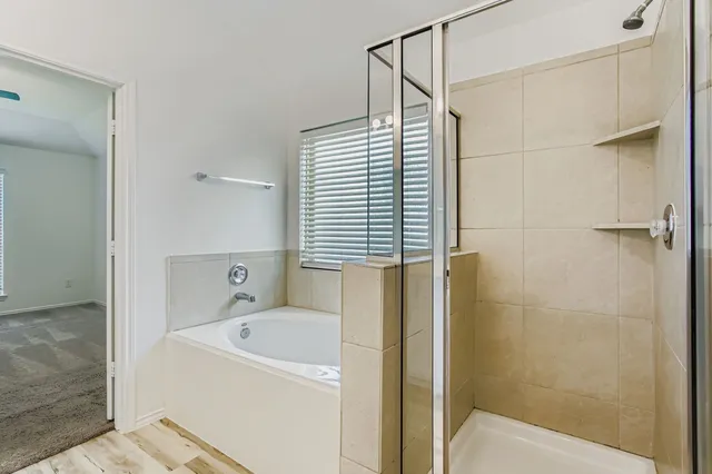 a bathroom with a bathtub and a shower