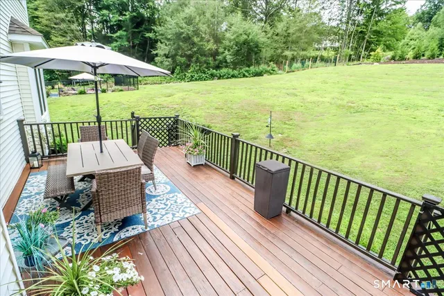 a garden view with a slide