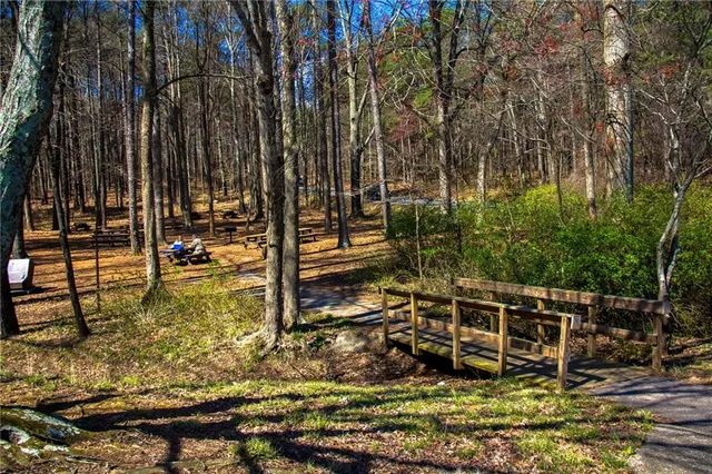 a view of swimming pool with lawn chairs and plants