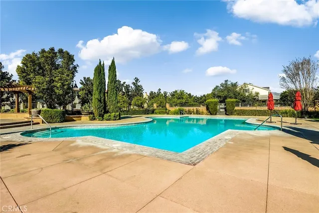 a view of swimming pool with a yard and palm trees