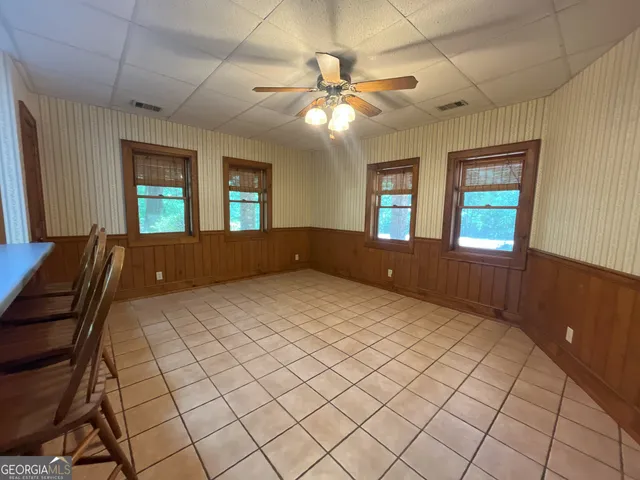 a large room with windows