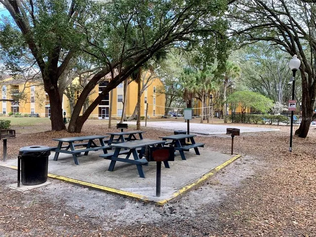 a view of a park with bench and trees