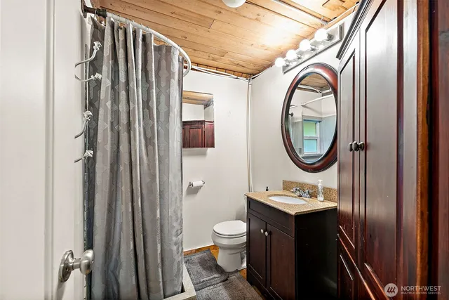 a bathroom with a sink a mirror a toilet and a shower