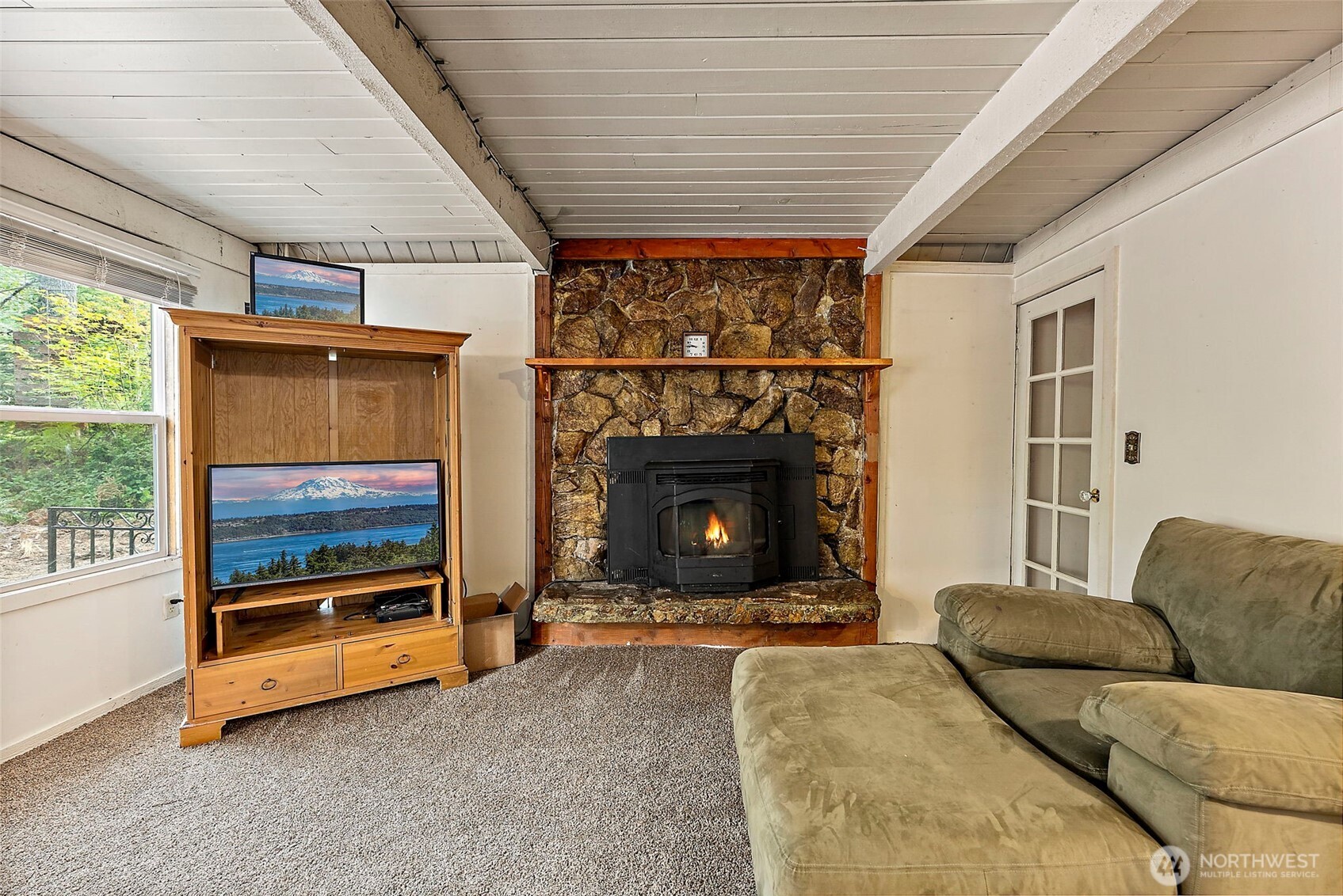 270 Skate Creek Road North Ashford, WA 98304 - Photo 7 of 36 a living room with furniture a flat screen tv and a fireplace