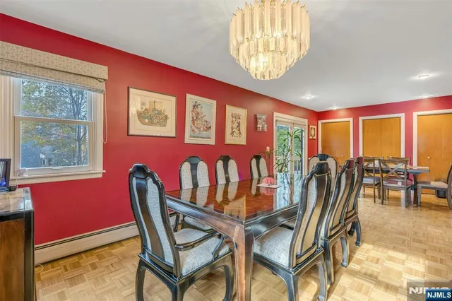 a view of a dining room with furniture window and outside view