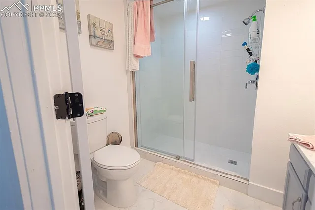 a bathroom with a toilet and a shower