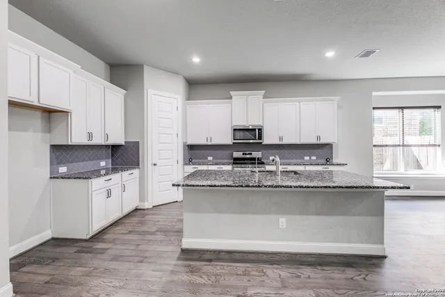 a kitchen with stainless steel appliances granite countertop a stove a sink and a granite counter tops