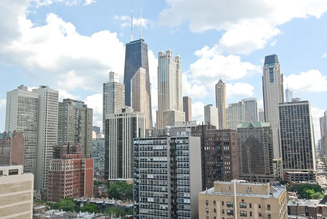 a city view with tall buildings
