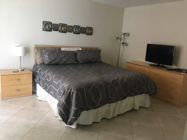 a bedroom with a bed and a television