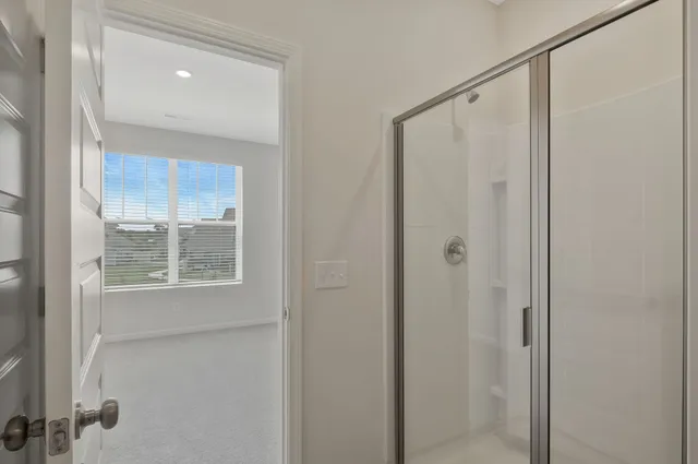 a bathroom with a shower and a window