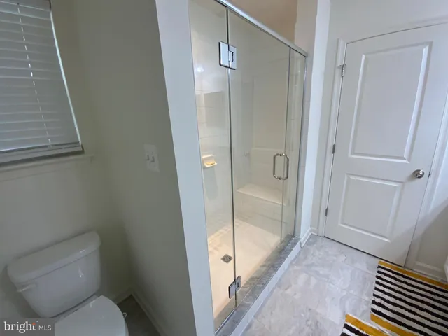 a bathroom with a shower and toilet