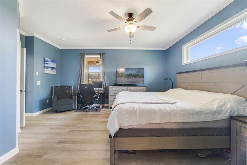 37041 North Thrill Hill Road Eustis, FL 32736 - Photo 12 of 25 a bedroom with a large bed and a chandelier