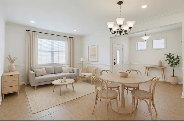 a view of a white house with a yard potted plants and large tree