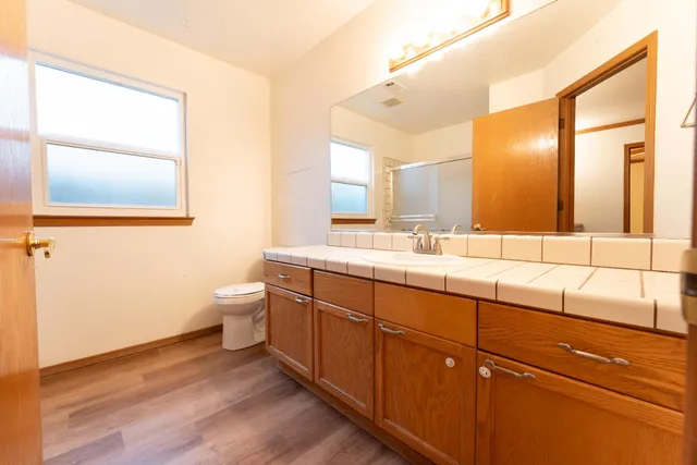 a bathroom with a sink a toilet and mirror