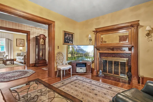 a living room with furniture a rug and a fireplace