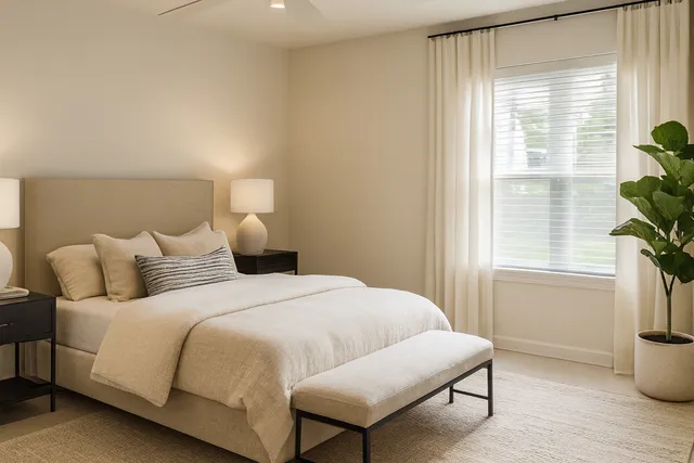 a bedroom with a bed and a window