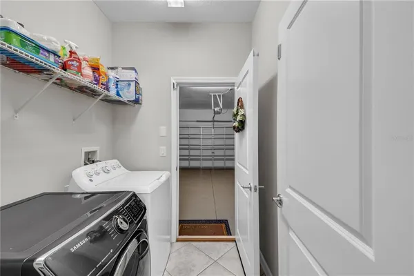 a view of a garage with storage