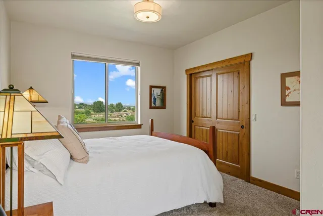 a bedroom with a bed windows and wardrobe