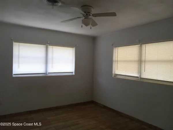 a view of a yard with plants and trees