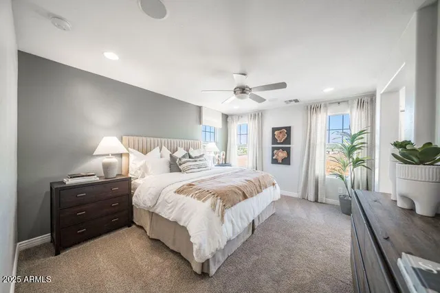 a spacious bedroom with a large bed and a potted plant