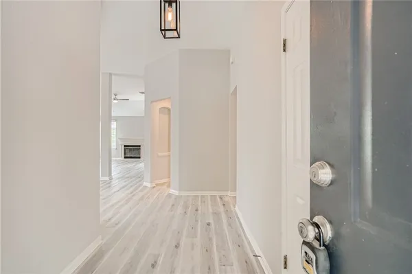 a view of a livingroom with wooden floor