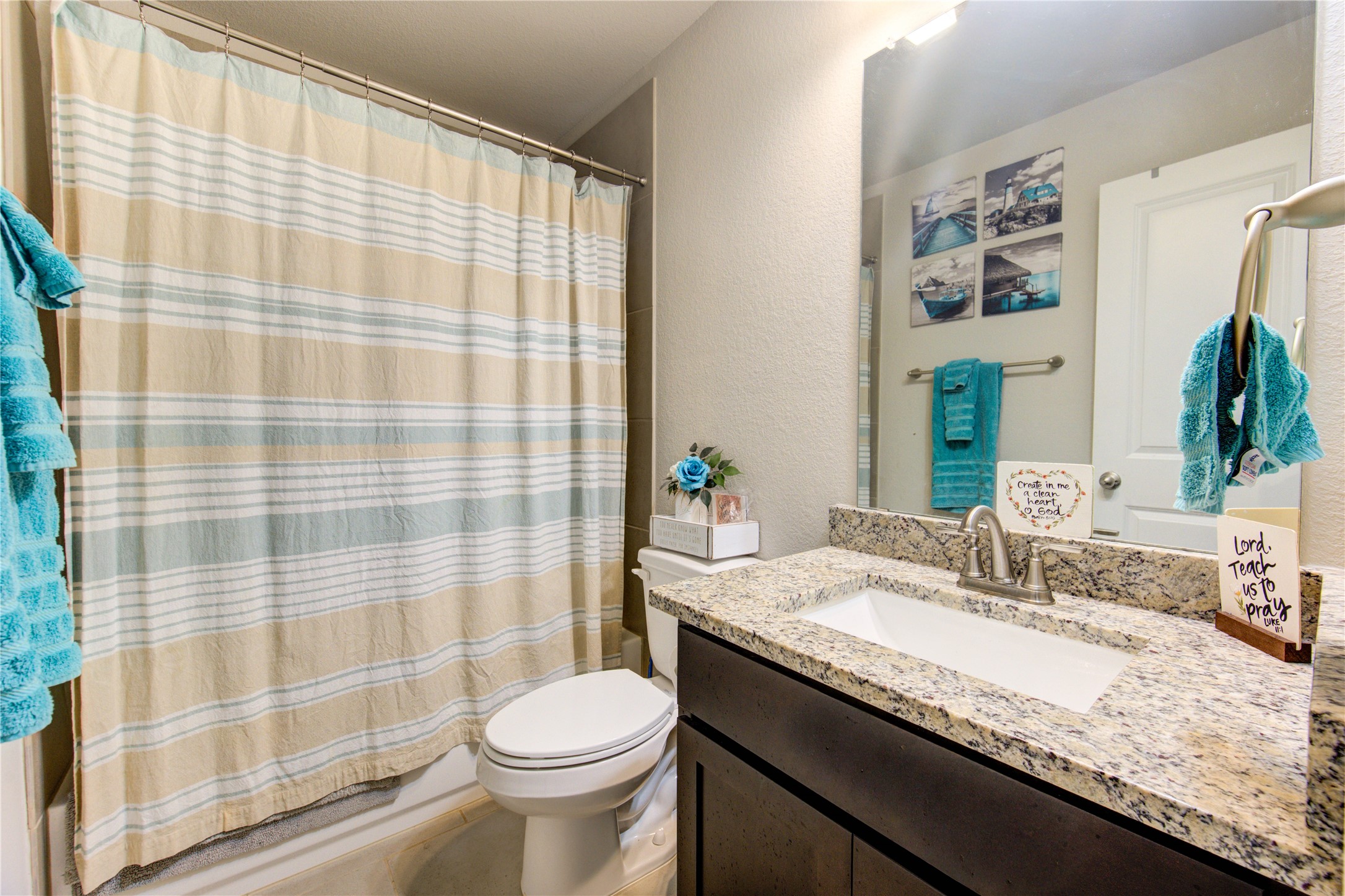 203 Lily Lane Rosharon, TX 77583 - Photo 34 of 50 a bathroom with a granite countertop sink toilet and shower