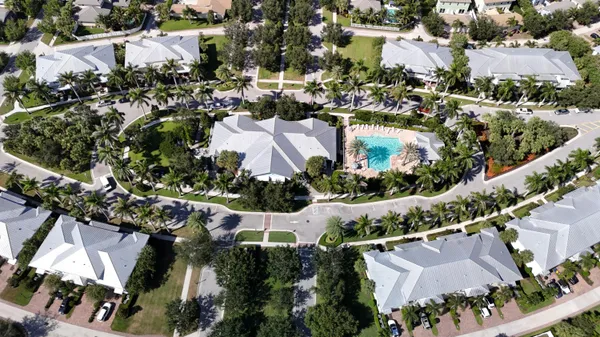 a view of a swimming pool with a garden