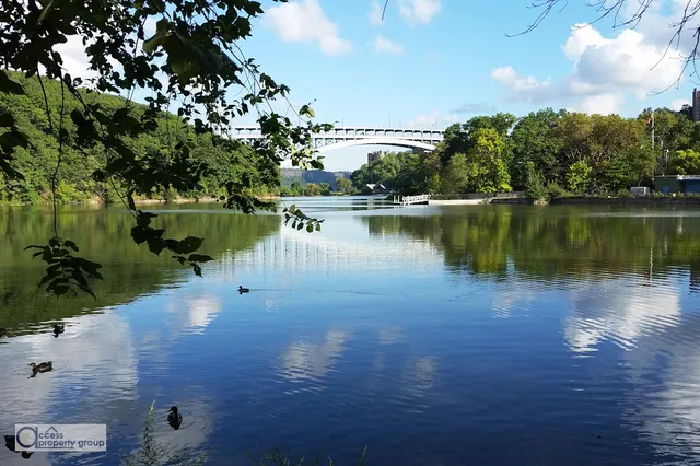 a view of a lake with houses in the back