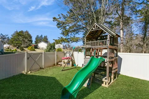 a view of a deck with a slide