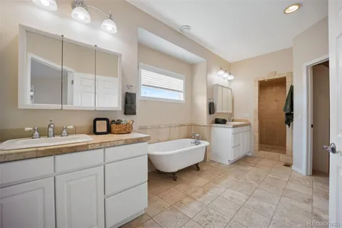 a bathroom with a double vanity sink a mirror and a bathtub