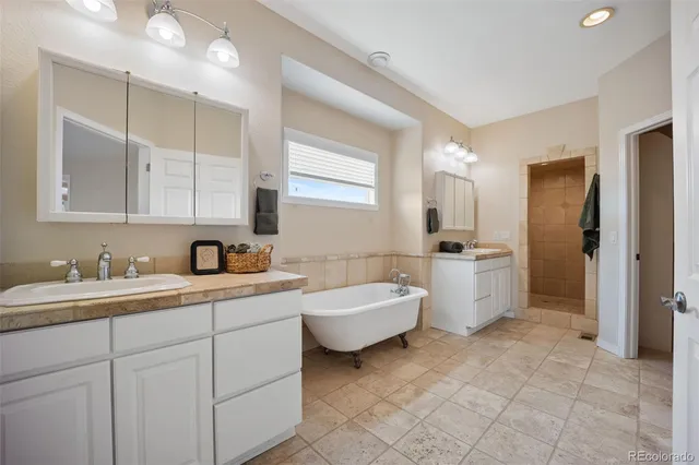 a bathroom with a double vanity sink a mirror and a bathtub