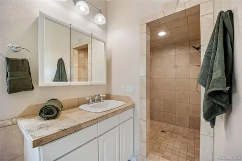 a bathroom with a granite countertop sink a mirror and shower