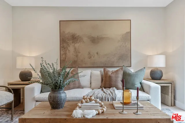 a living room with furniture and a potted plant