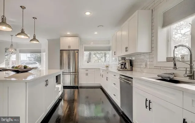a view of a brick house with a large window