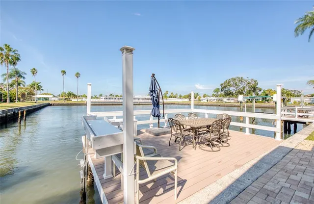 a patio with water view