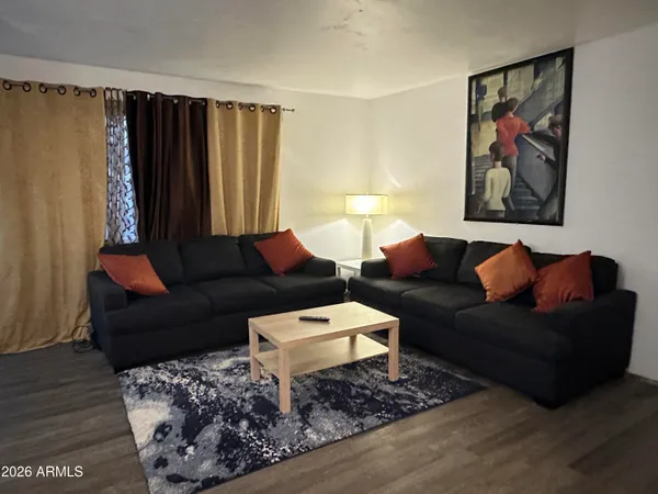 a living room with furniture and a rug