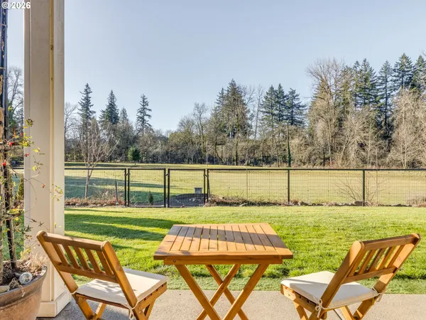 a backyard of a house with lots of green space and glass windows