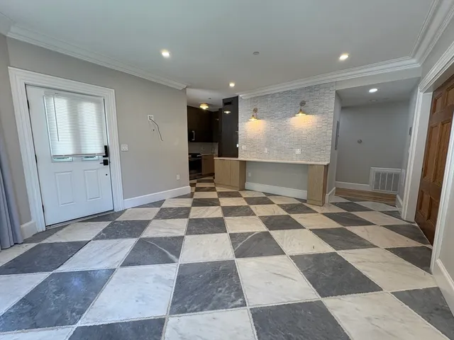 a view of a black and white checkered floor