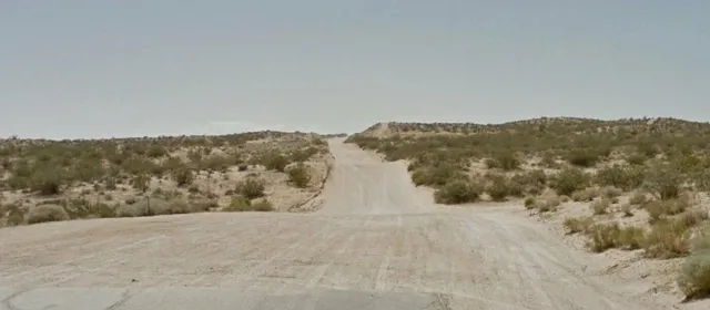 a view of a dry yard with mountains in the background