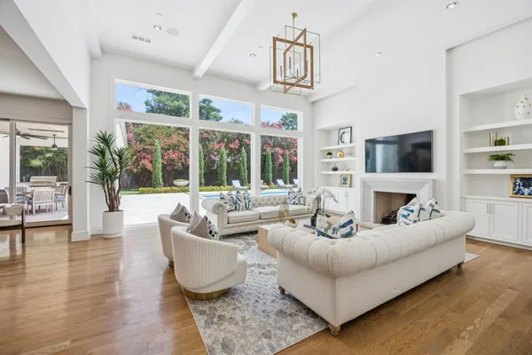 a living room with furniture potted plant and a fireplace